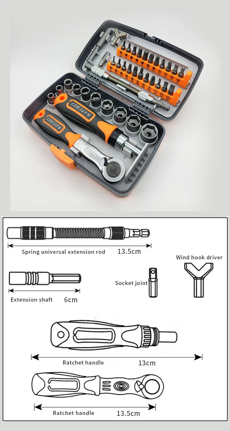 Conjunto Chave de Fenda e de Boca com Catraca para facilitar o Trabalho, Caixa de Ferramentas de Combinação Doméstica, Kit de Chaves imantadas, Torx De Fenda