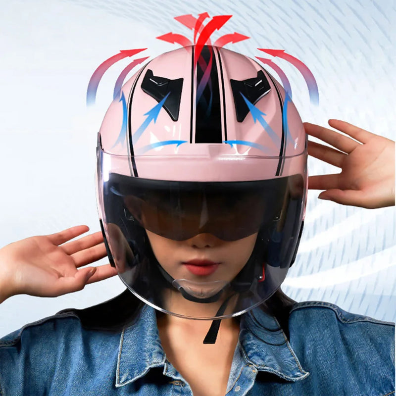 Capacete aberto de motocicleta para Mulheres e homens, flip up, lente dupla, viseiras claras, escudo solar, leve 3/4 para uso em MOTO