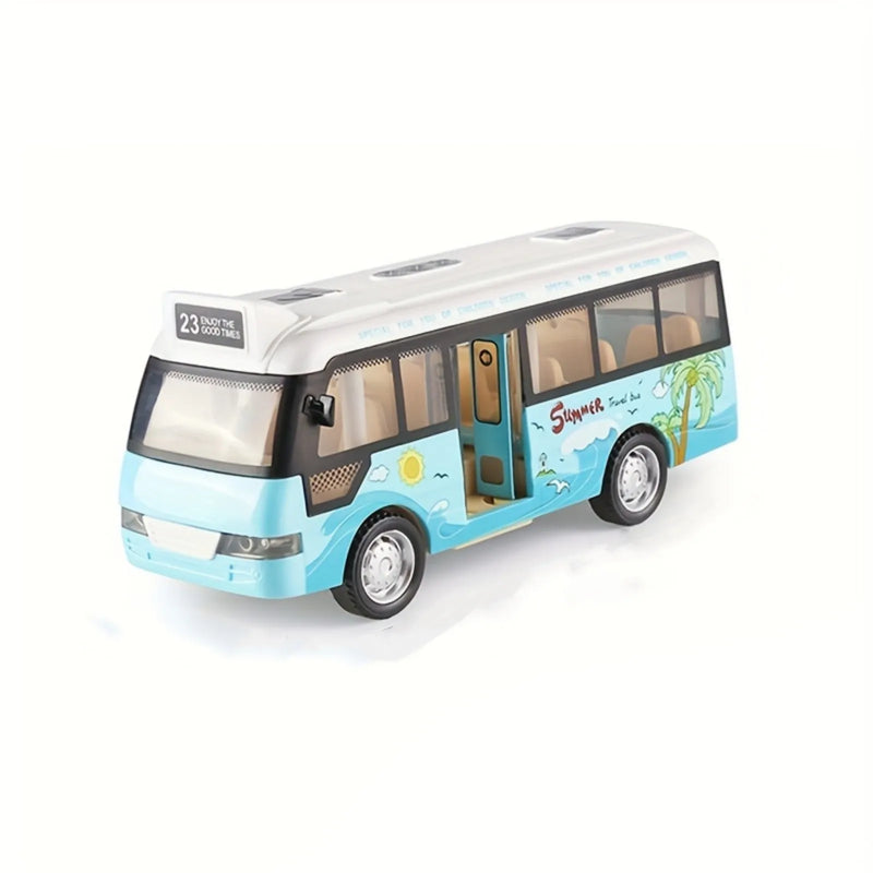 Brinquedo de ônibus escolar com som e luz para crianças, metal fundido, pequeno ônibus da cidade, carros movidos a fricção.