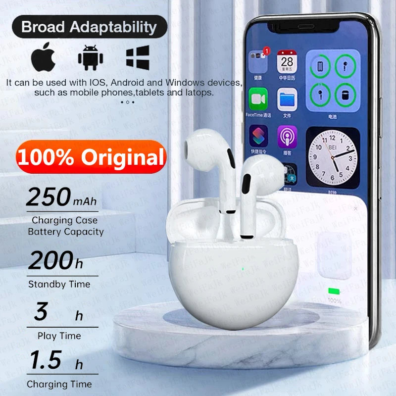 Fone de Ouvido para APPLE e SAMSUNG,  Original Airpods Pro 6 TWS Max, sem fio,  Bluetooth,  com cancelamento de ruído para iPhone  e Outros Celulares