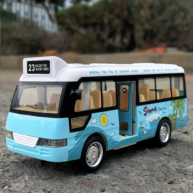 Brinquedo de ônibus escolar com som e luz para crianças, metal fundido, pequeno ônibus da cidade, carros movidos a fricção.