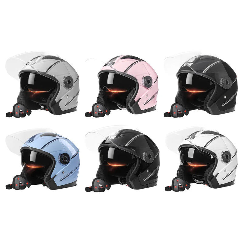 Capacete aberto de motocicleta para Mulheres e homens, flip up, lente dupla, viseiras claras, escudo solar, leve 3/4 para uso em MOTO