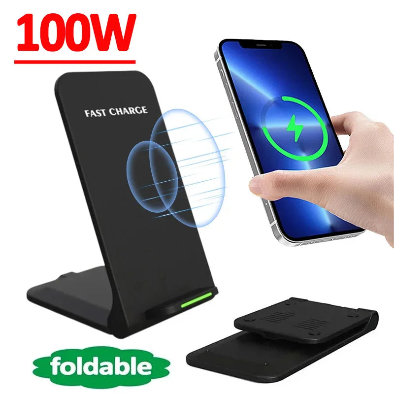 Carregador sem fio Stand Pad para iPhone e outros, Dual, carregamento rápido, suporte do telefone, 15, 14, 13, 12 Pro, 8, X, Samsung S21, S20, 100W