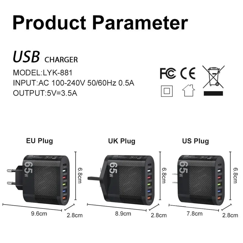 PD USB Adaptador de Carregamento para iPhone 13, Samsung Mobile Phone Plug,  Xiaomi Carregador de parede, QC 3.0, 3.1A, 5 Portas