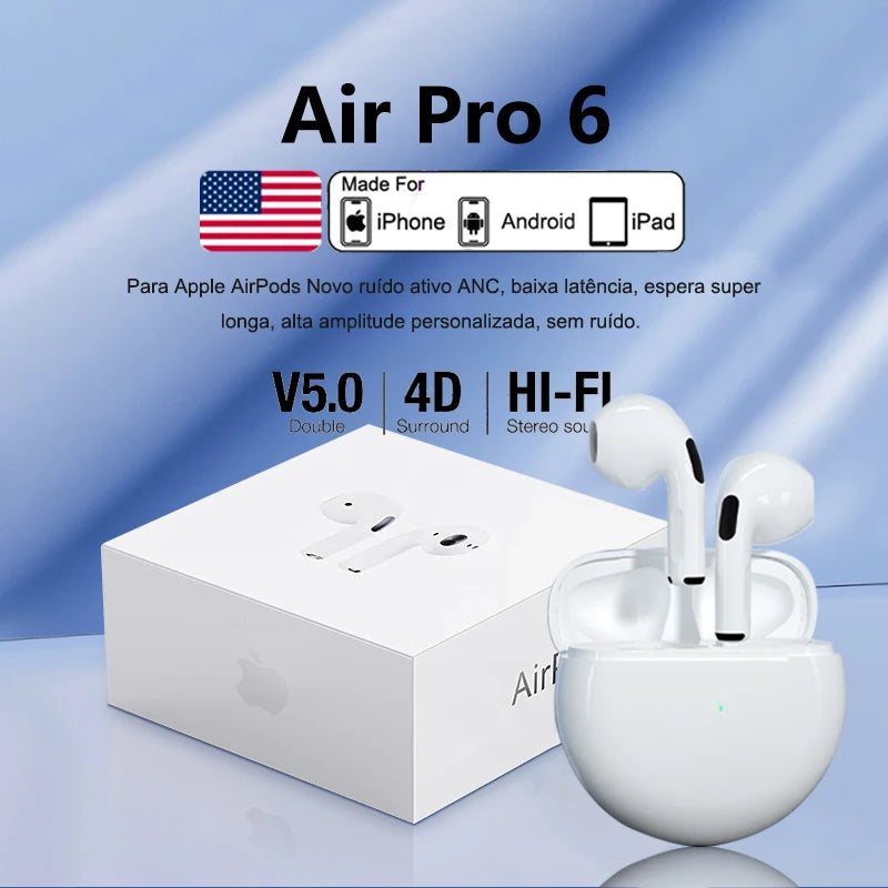 Fone de Ouvido para APPLE e SAMSUNG,  Original Airpods Pro 6 TWS Max, sem fio,  Bluetooth,  com cancelamento de ruído para iPhone  e Outros Celulares